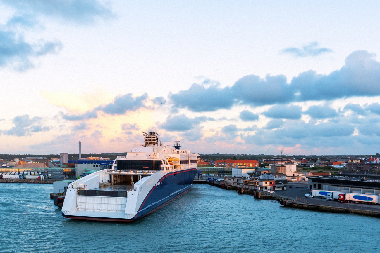 Color Line fast ferry at the Hirtshals ferry quay at dusk